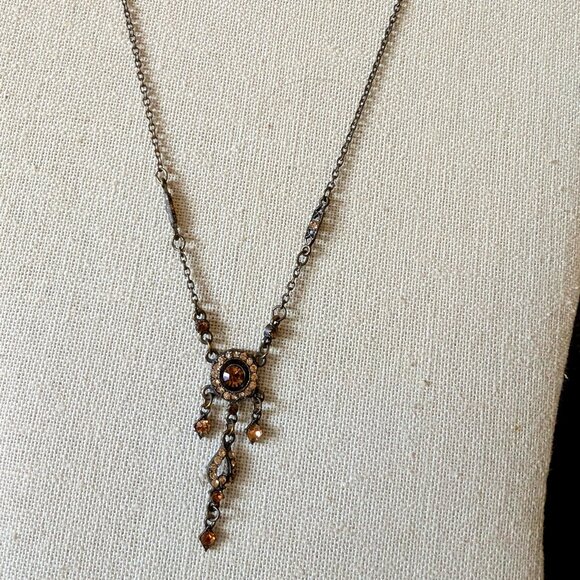 BRASS 7" CHAIN HAS GORGEOUS PENDANT WITH AMBER AND YELLOW STONES #52 - Picture 1 of 4